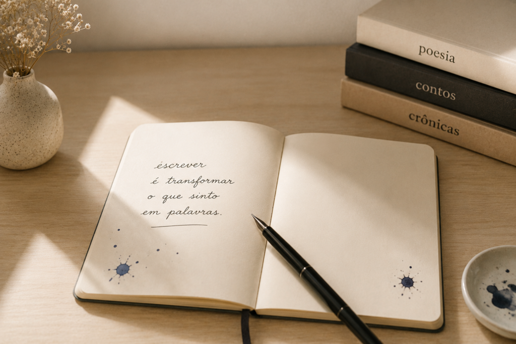 Caderno aberto com frase inspiradora.