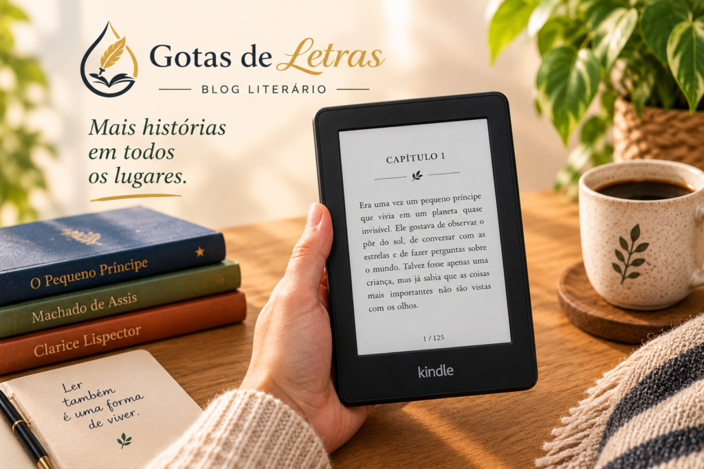 Leitor utilizando um Kindle em um ambiente aconchegante, com livros e café.